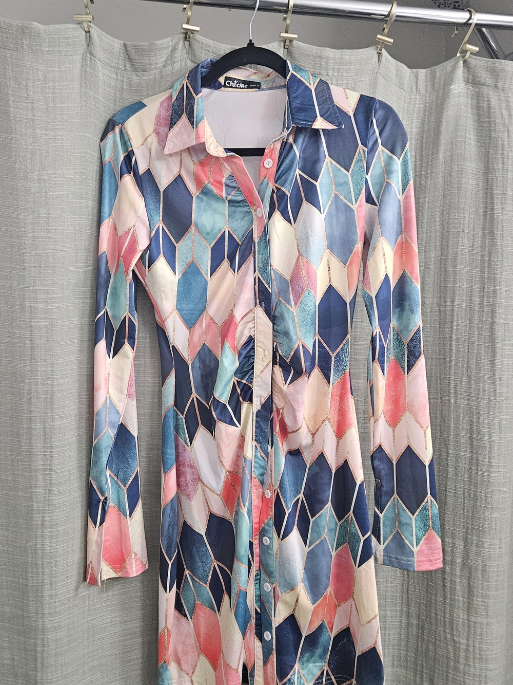Chic Crystalline-Print Button-Down Shirt Dress - Multicolor (Pink & Blue)